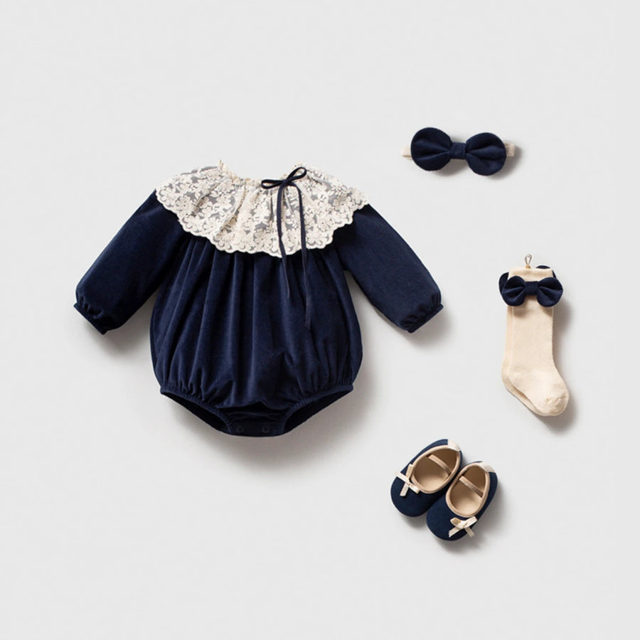 Kız Bebek Kadife Romper Bandana Çorap Ayakkabı Kutulu Hediyelik 4lü Set