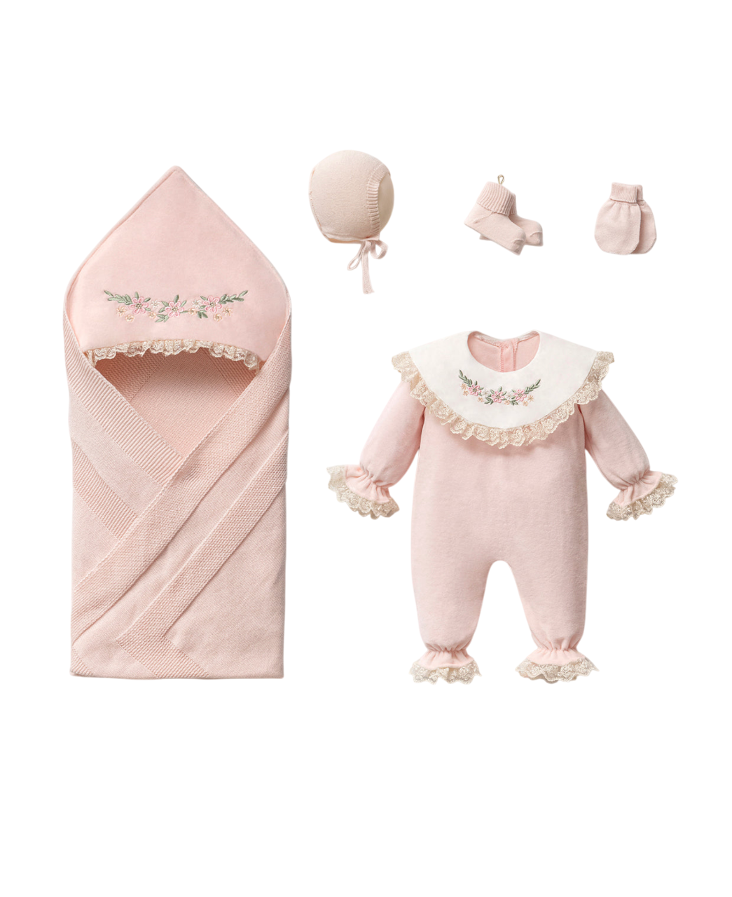 Flower Love Çiçek Nakışlı Kız Bebek Hastane Çıkışı Beşli Set - Pembe