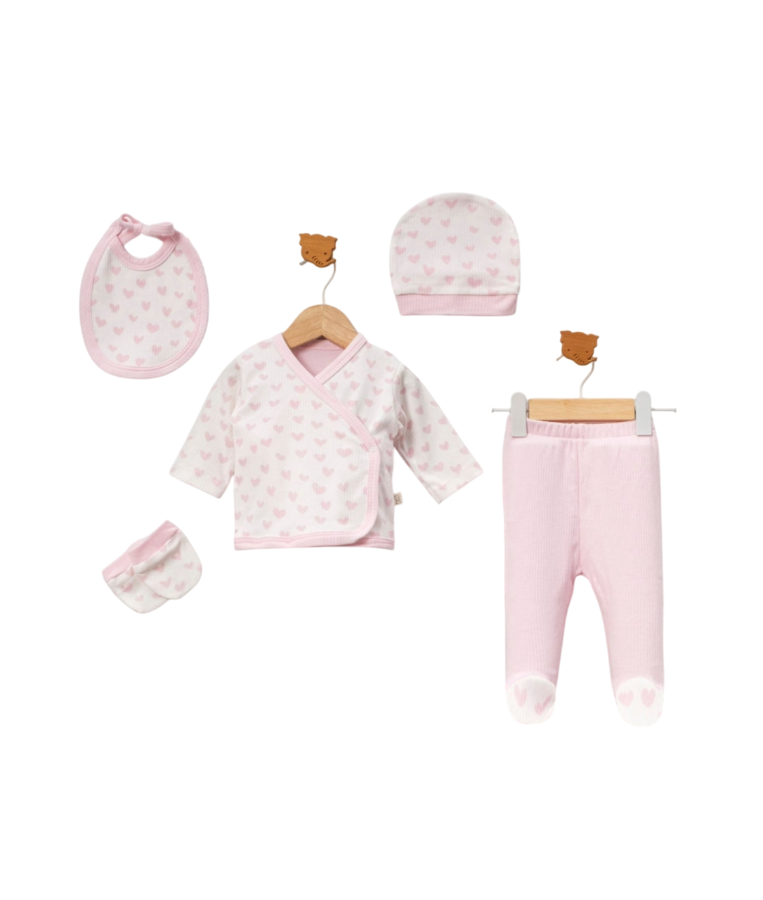 Kalp Baskılı 5'li Kız Bebek Zıbın Takım