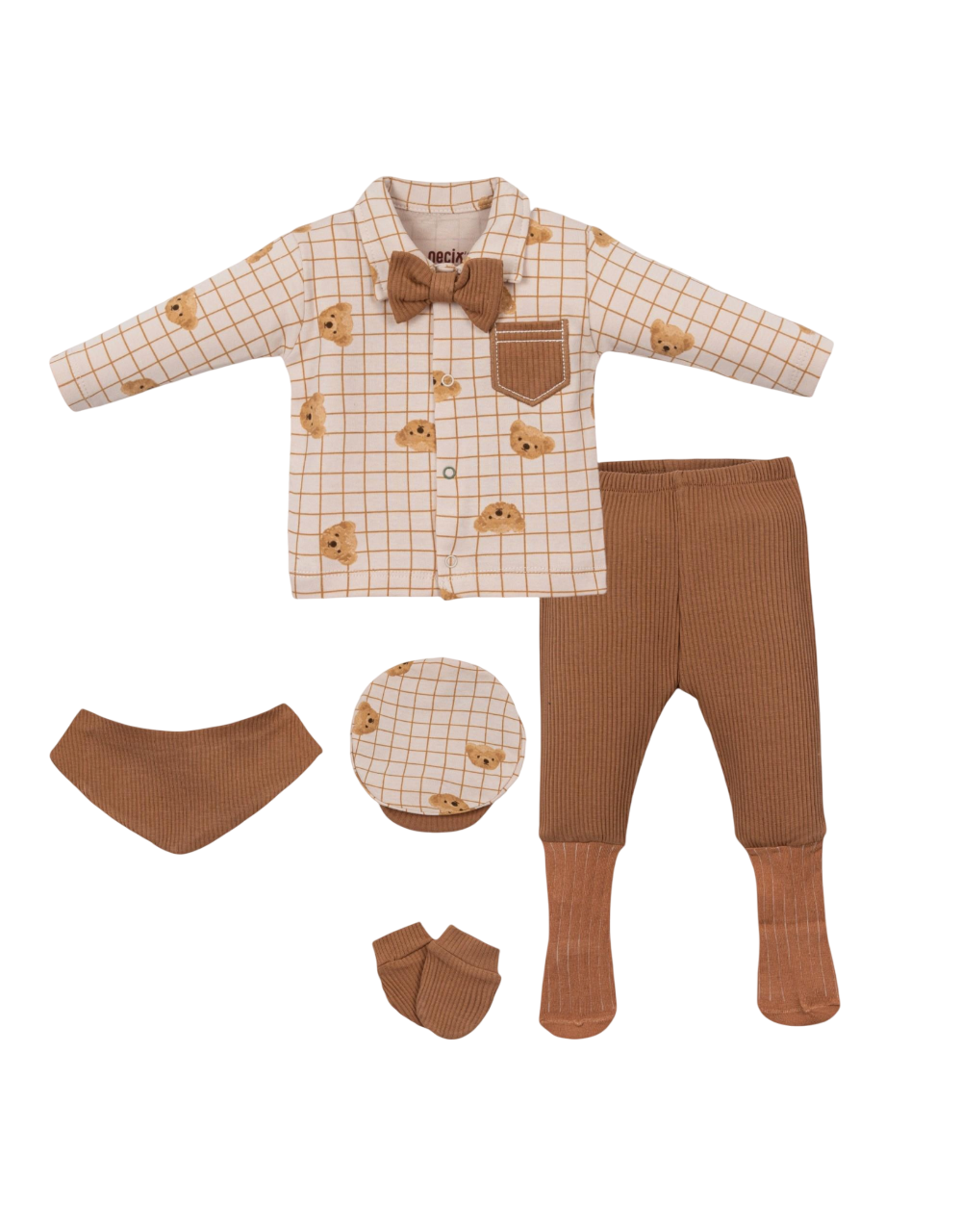 Ayıcık Desenli Erkek Bebek Hastane Çıkışı Beşli Set