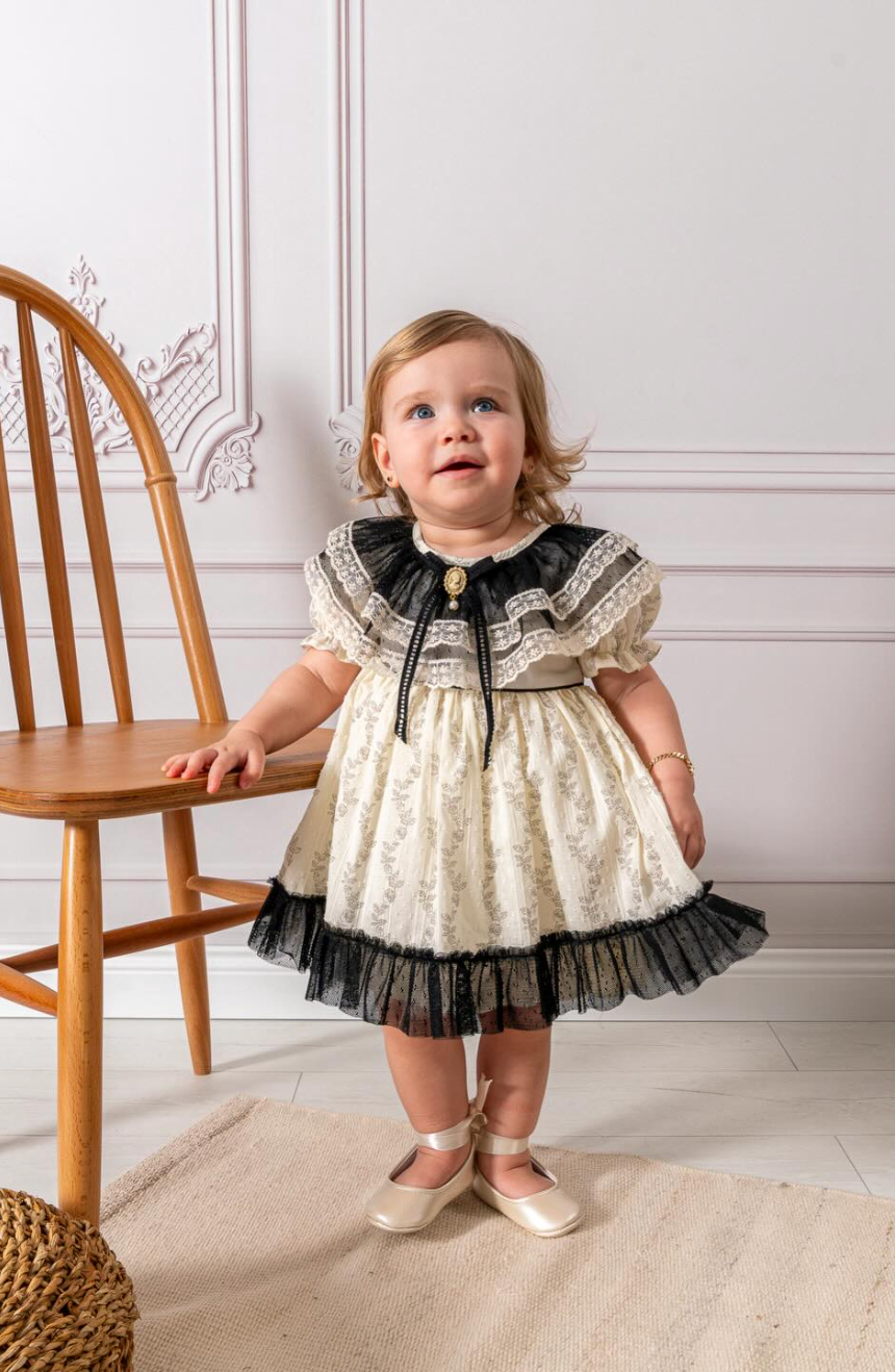 Vintage Broş Detaylı Fırfırlı Yaka Kız Bebek Elbise