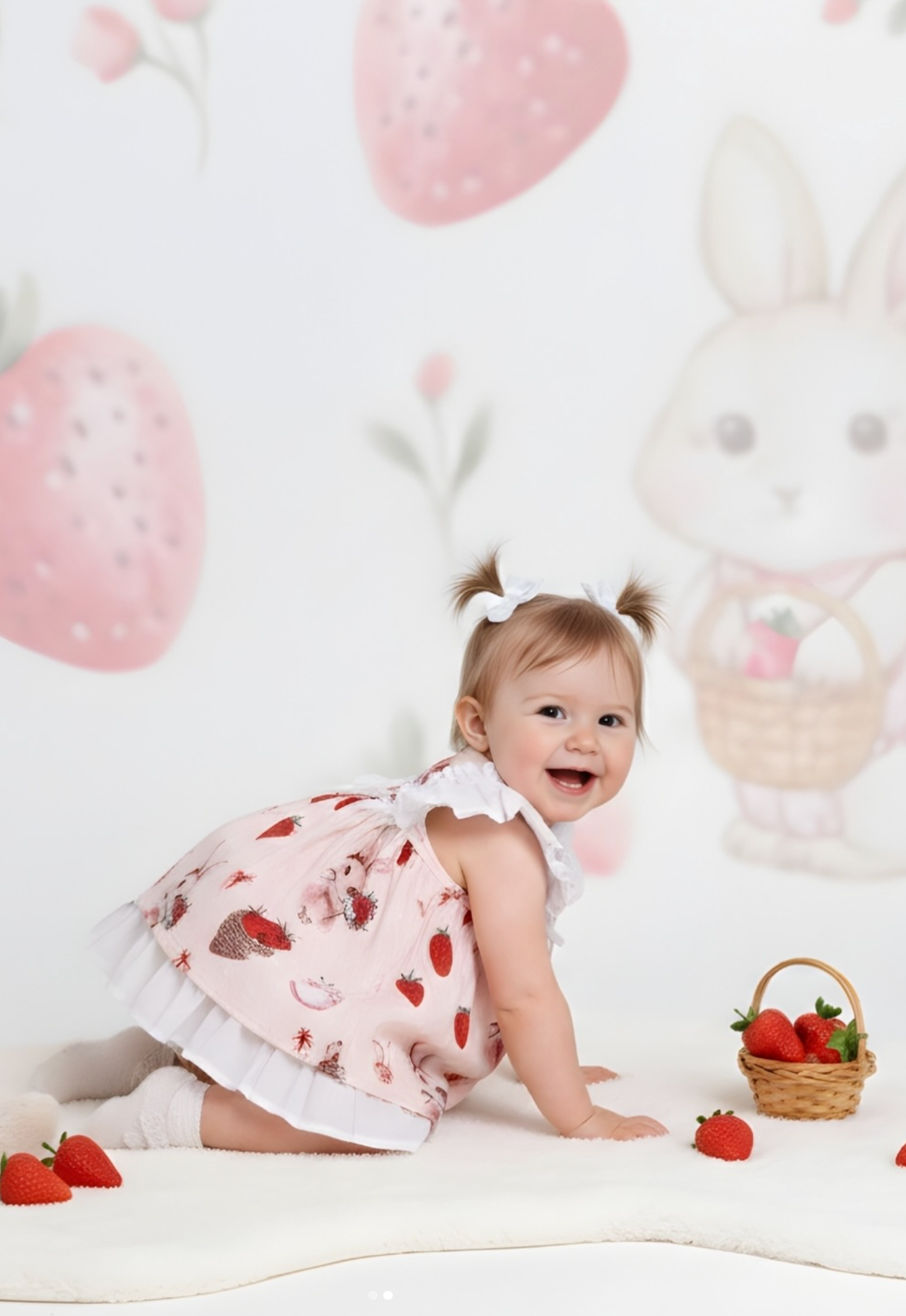 Tavşan ve Çilek Baskılı Kız Bebek Elbise