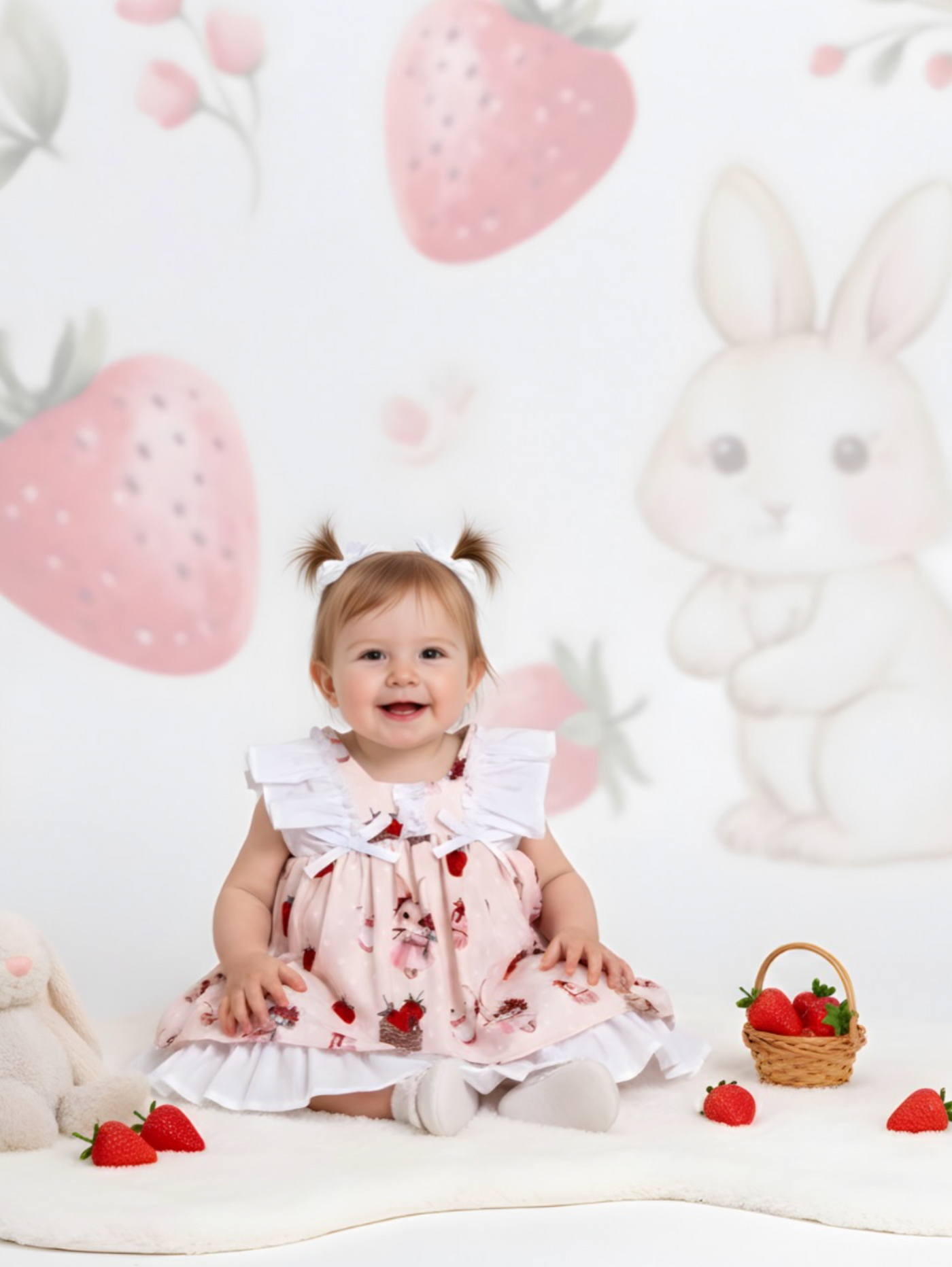 Tavşan ve Çilek Baskılı Kız Bebek Elbise