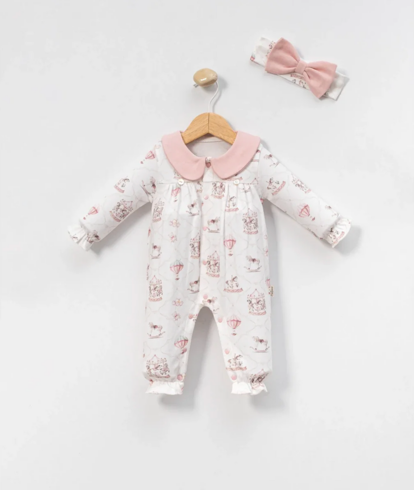 Atlı Karınca ve Balon Baskılı Bebe Yaka Kız Bebek Tulum ve Bandana