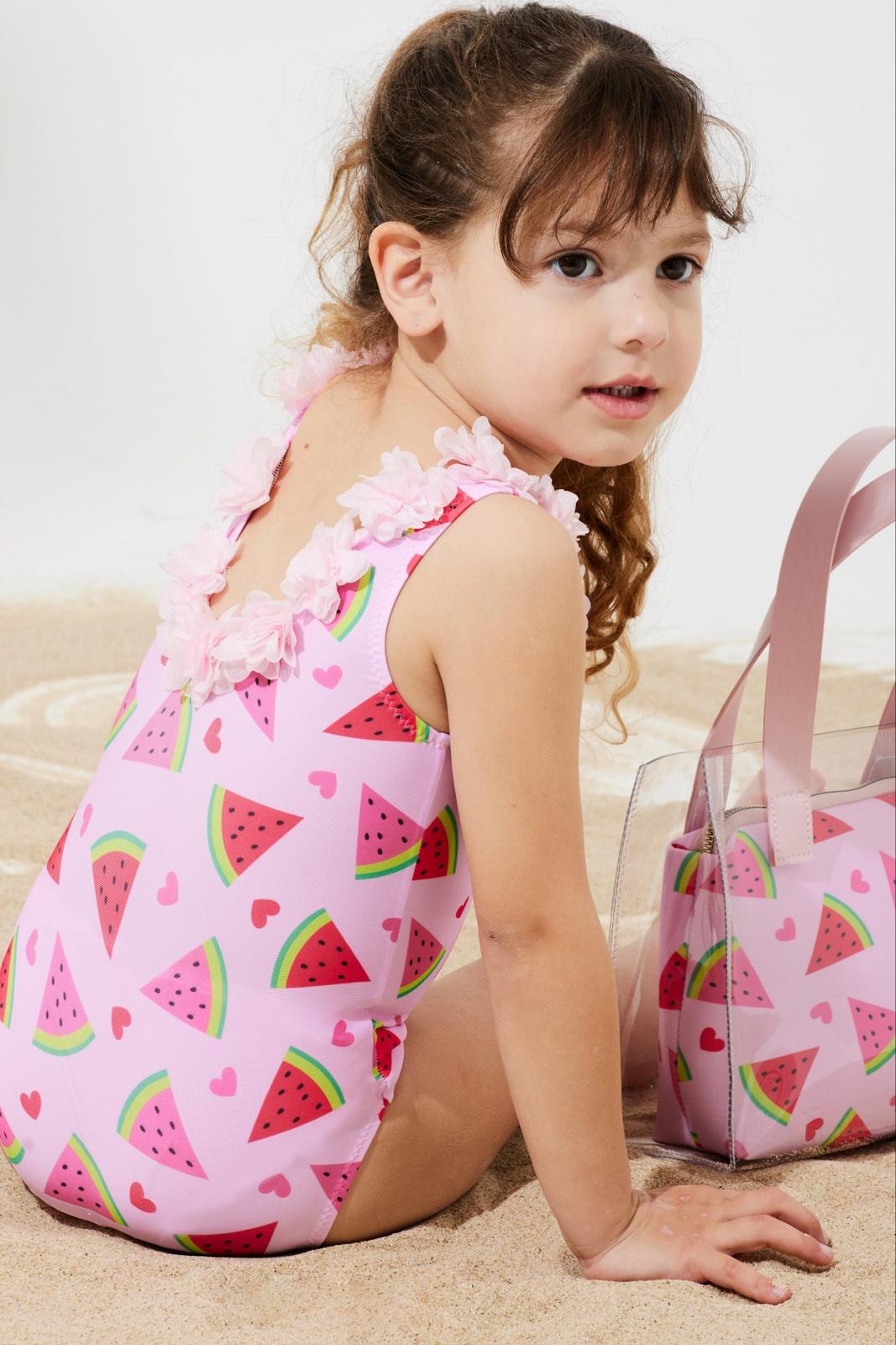 Kız Çocuk 3d Çiçekli Mayo & Plaj Çanta Set - Pembe Karpuz