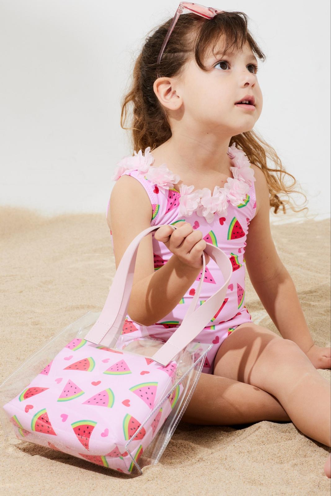 Kız Çocuk 3d Çiçekli Mayo & Plaj Çanta Set - Pembe Karpuz