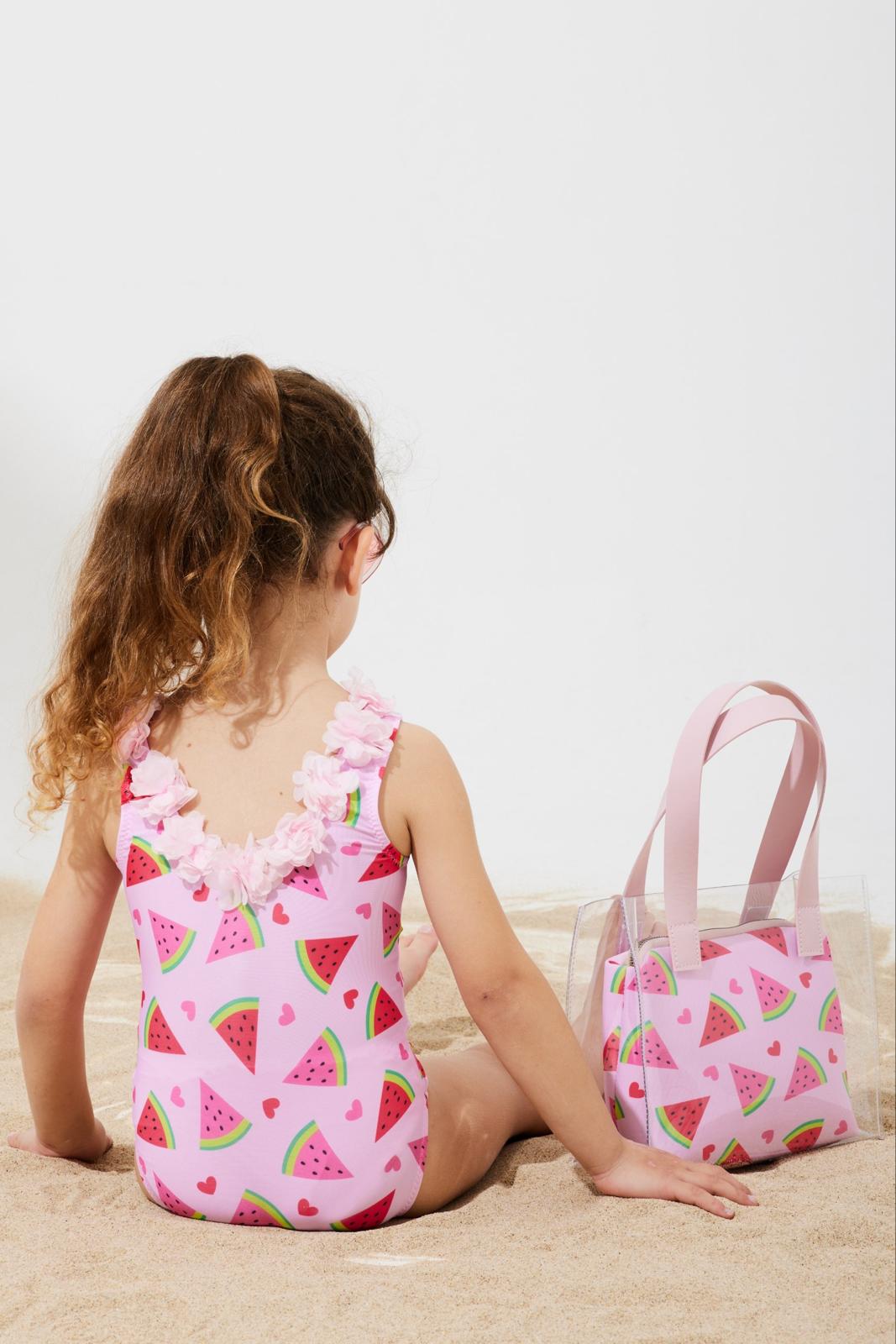 Kız Çocuk 3d Çiçek Desenli Mayo & Plaj Çanta Set - Pembe Karpuz