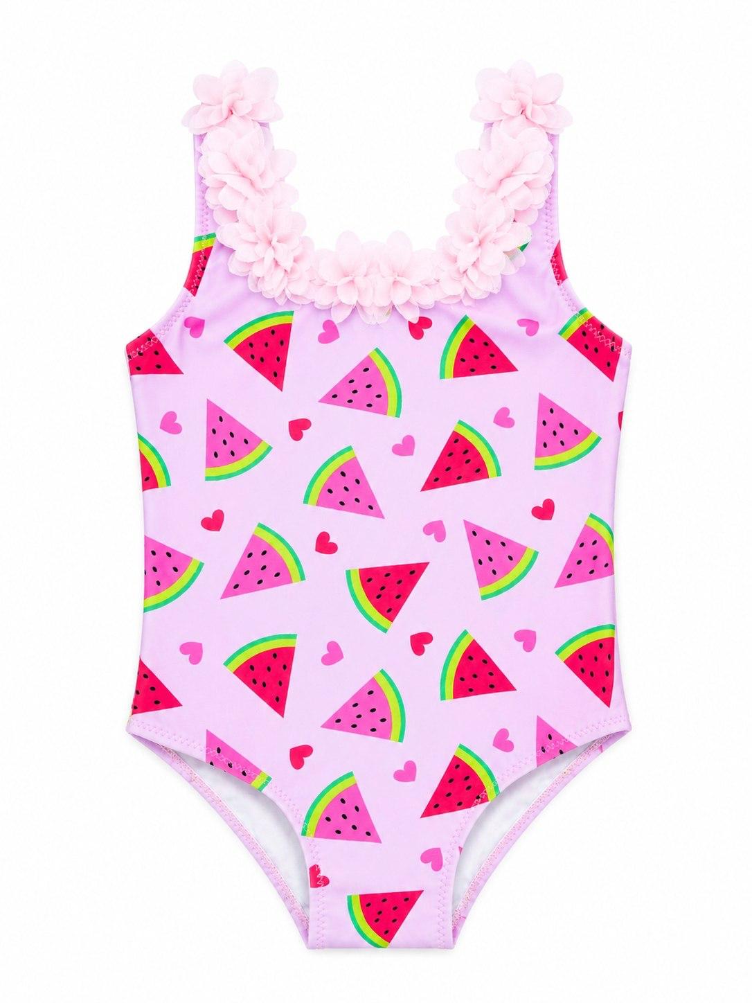 Kız Çocuk 3d Çiçekli Mayo & Plaj Çanta Set - Pembe Karpuz