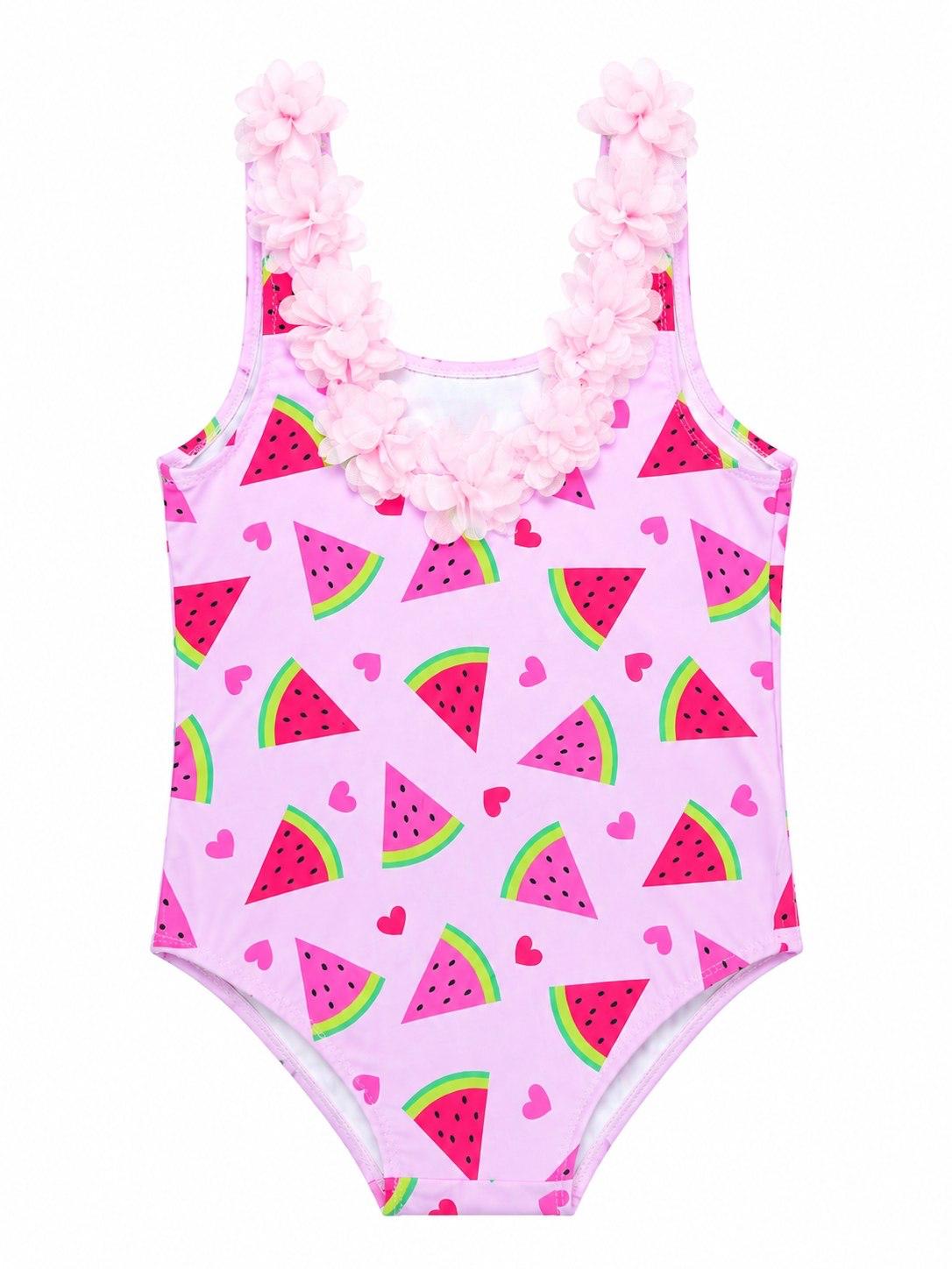 Kız Çocuk 3d Çiçekli Mayo & Plaj Çanta Set - Pembe Karpuz