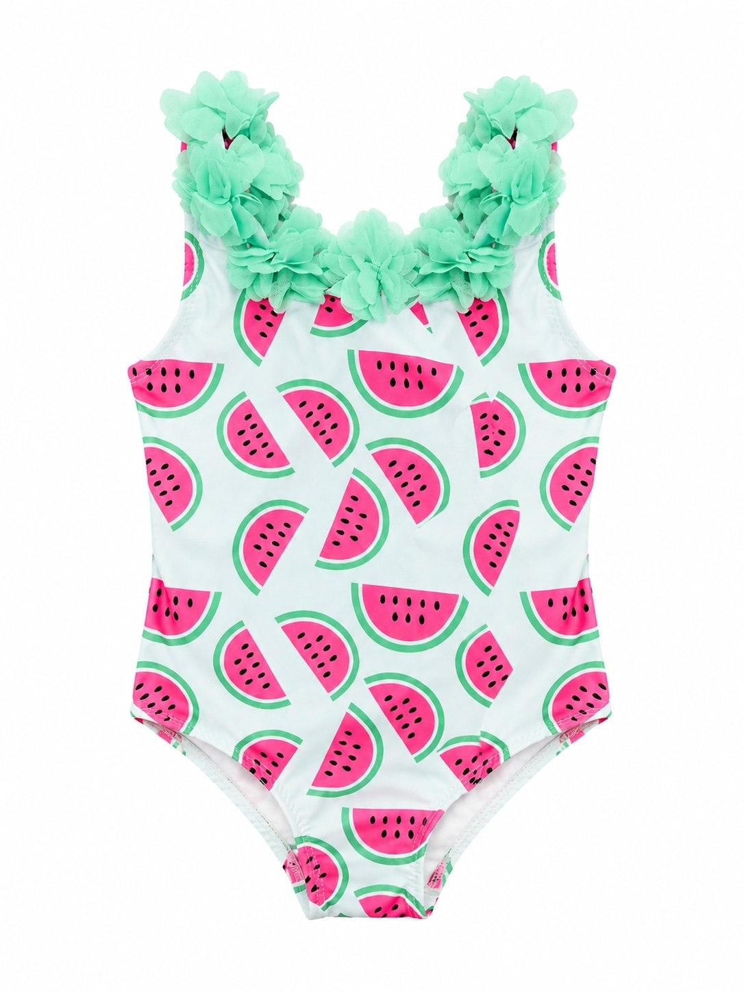 Kız Çocuk 3d Çiçekli Mayo & Plaj Çanta Set - Mint Karpuz