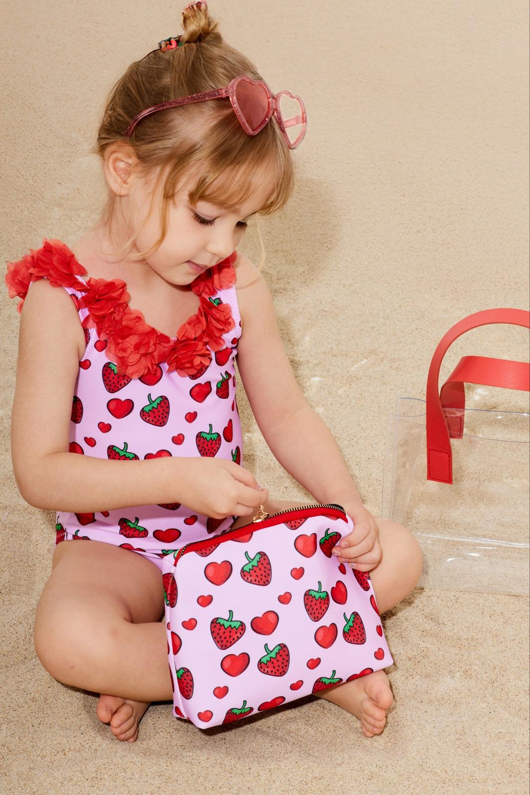 Kız Çocuk 3d Çiçekli Mayo & Plaj Çanta Set - Kırmızı Çilek