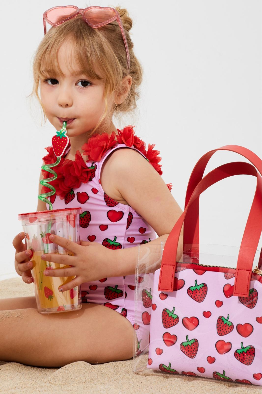 Kız Çocuk 3d Çiçekli Mayo & Plaj Çanta Set - Kırmızı Çilek