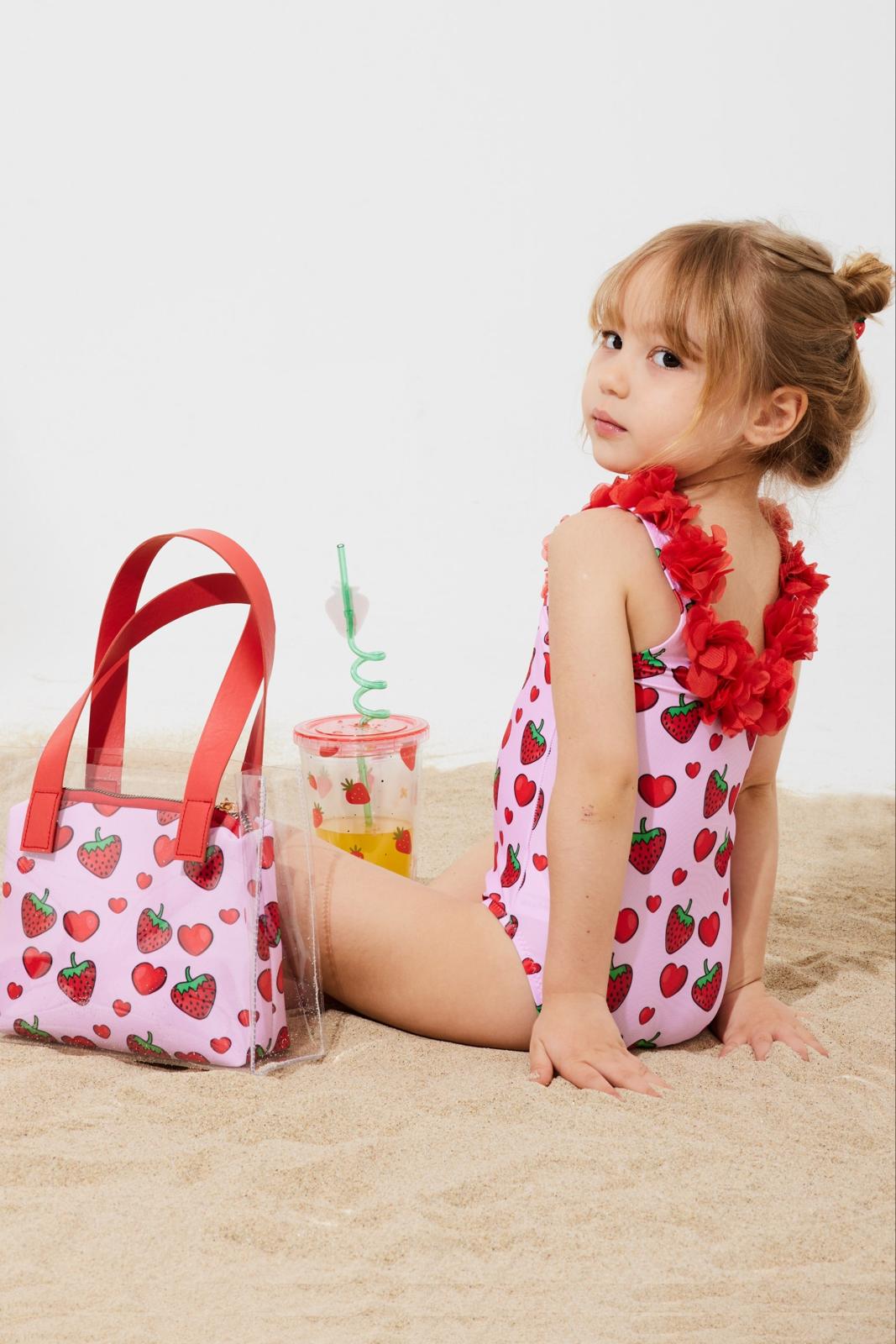 Kız Çocuk 3d Çiçekli Mayo & Plaj Çanta Set - Kırmızı Çilek