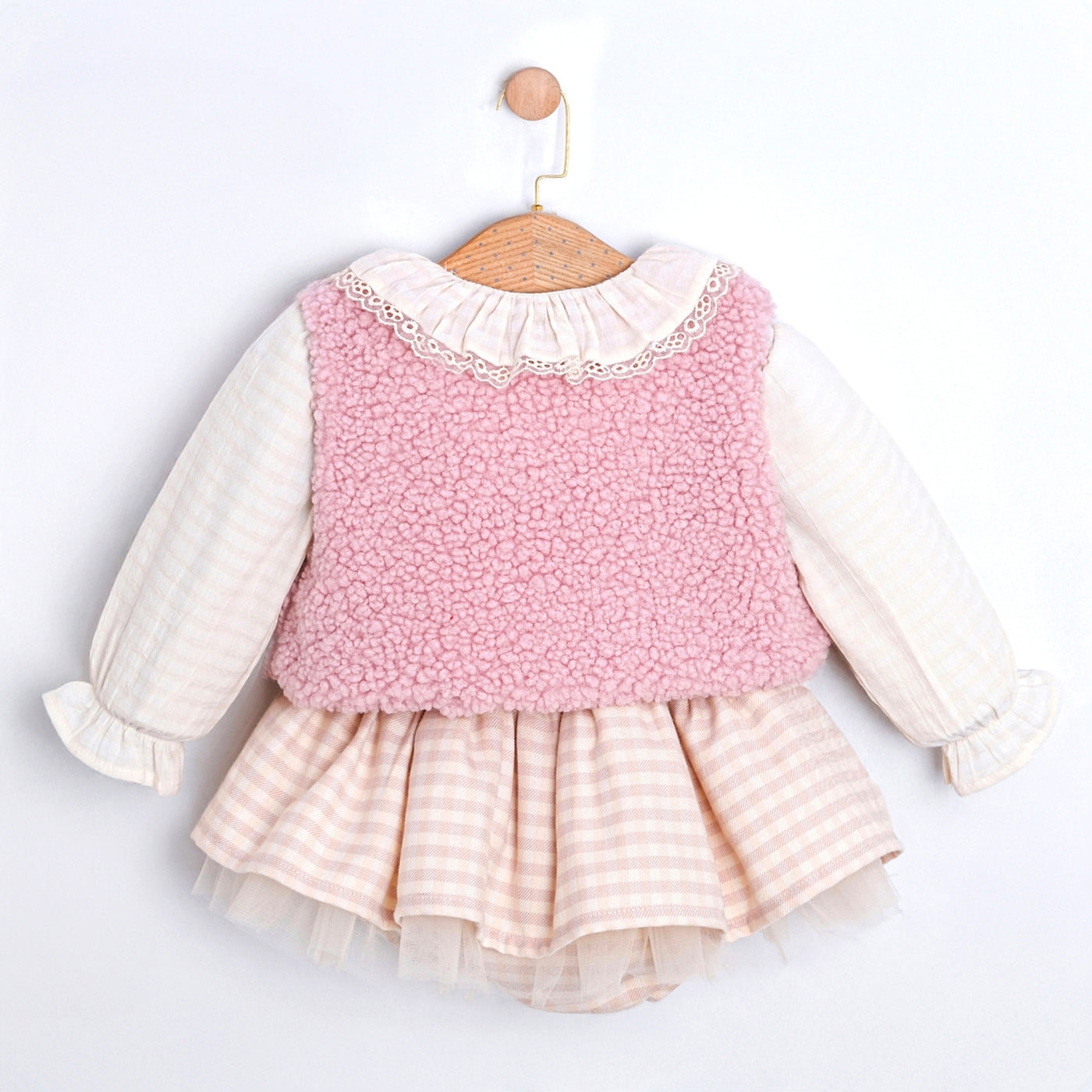 Amelie Kız Bebek Ekose Etek Gömlek Yelek Çanta 4lü Takım