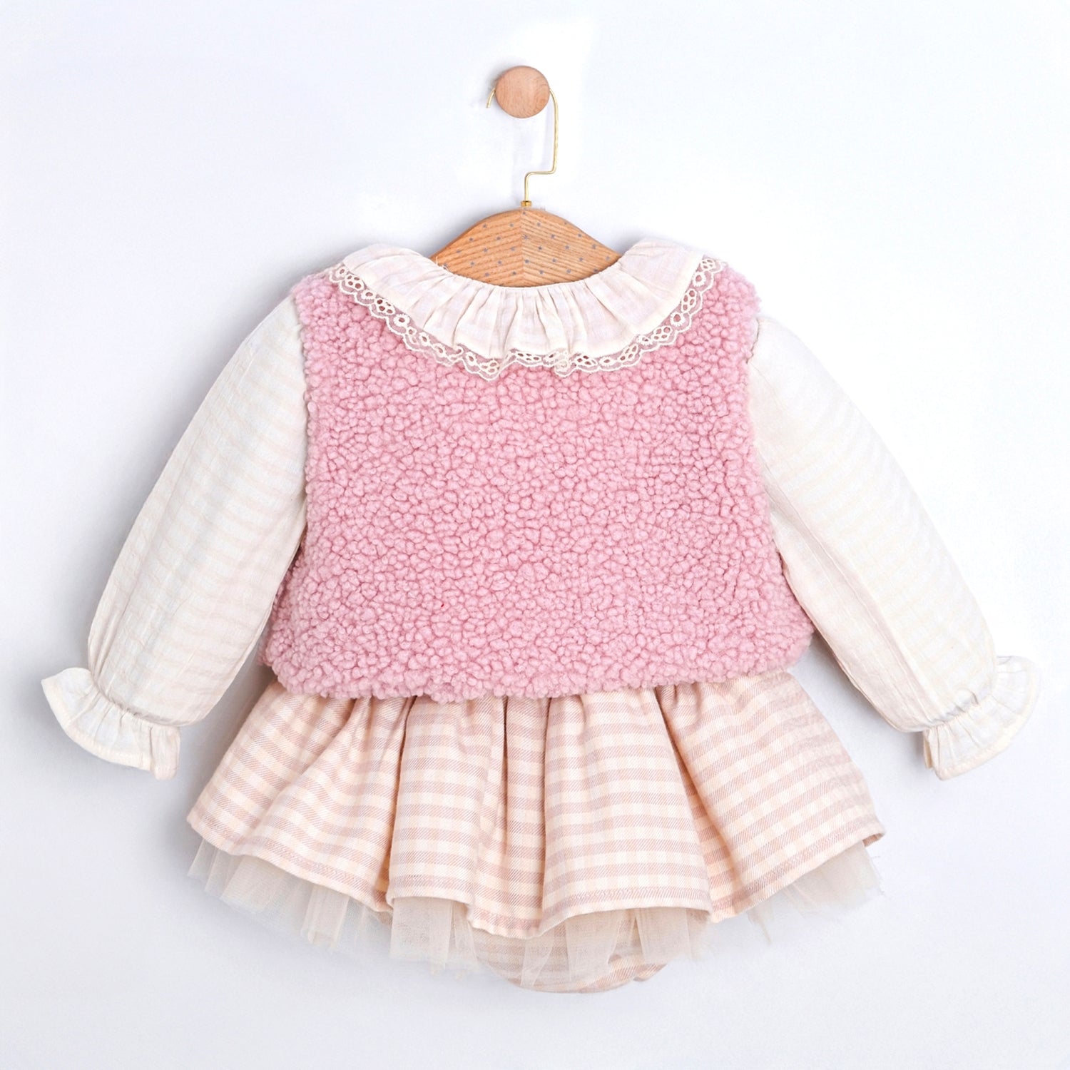 Amelie Kız Bebek Ekose Etek Gömlek Yelek Çanta 4lü Takım