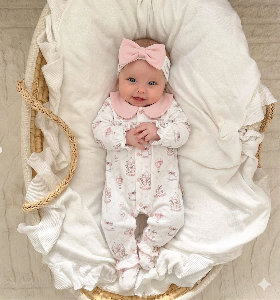 Atlı Karınca ve Balon Baskılı Bebe Yaka Kız Bebek Tulum ve Bandana