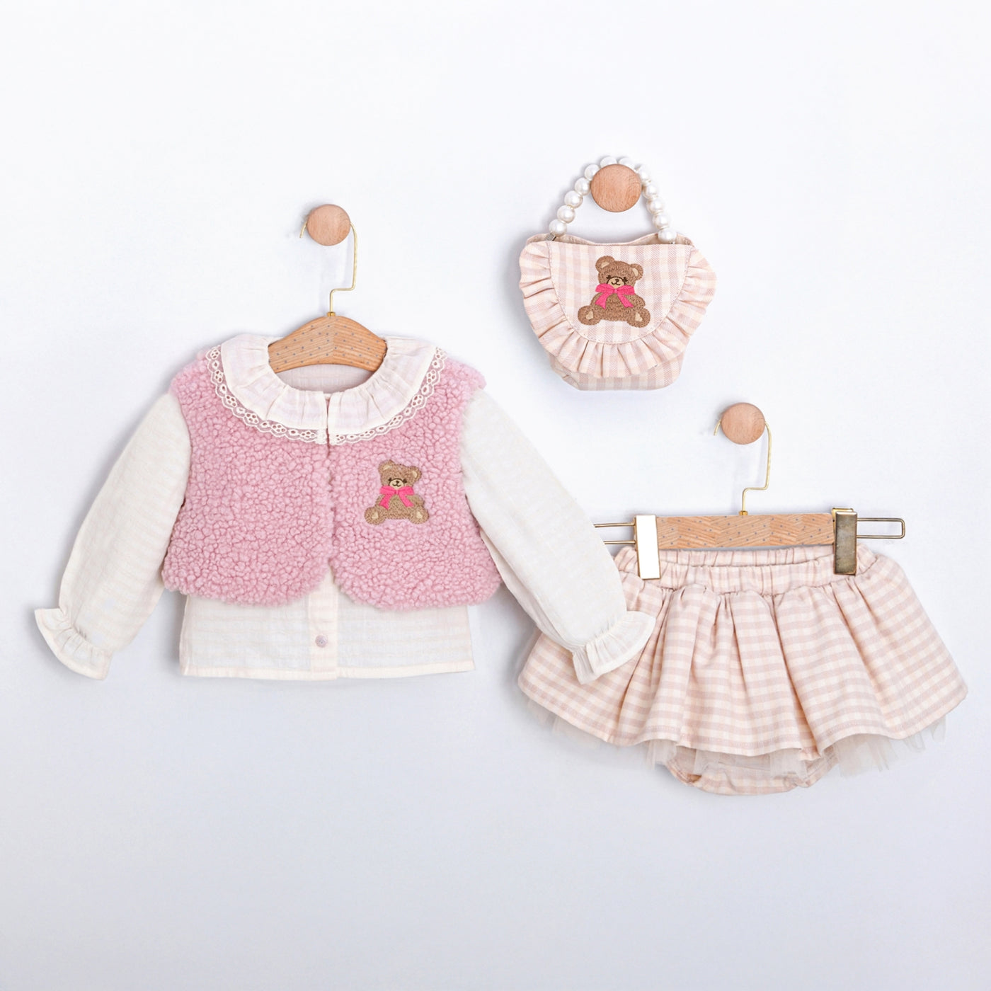 Amelie Kız Bebek Ekose Etek Gömlek Yelek Çanta 4lü Takım