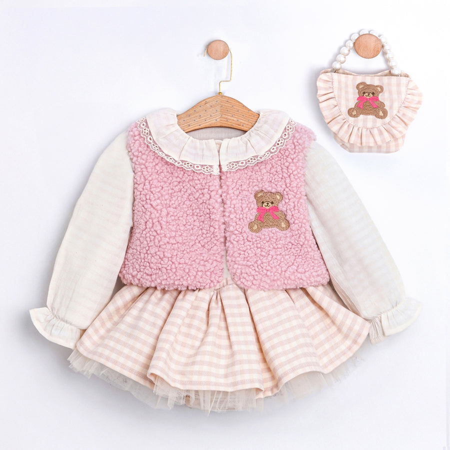 Amelie Kız Bebek Etek Gömlek Yelek Çanta 4lü Takım