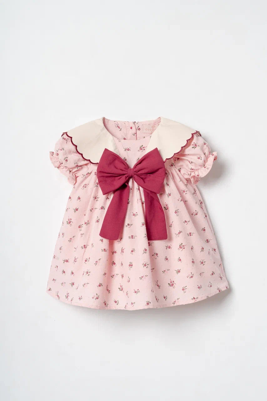 Büyük Fiyonklu Çıtır Çiçekli Bebe Yaka Kız Bebek Elbise