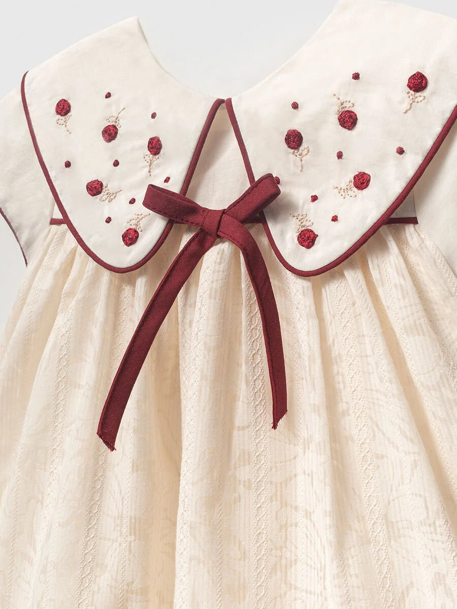 Yakası Gül Nakışlı Kız Bebek Elbise