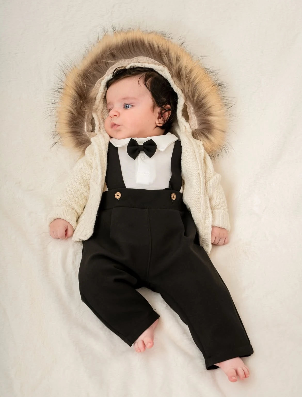 Chic Kürklü Papyonlu Erkek Bebek 3'lü Salopet Takım