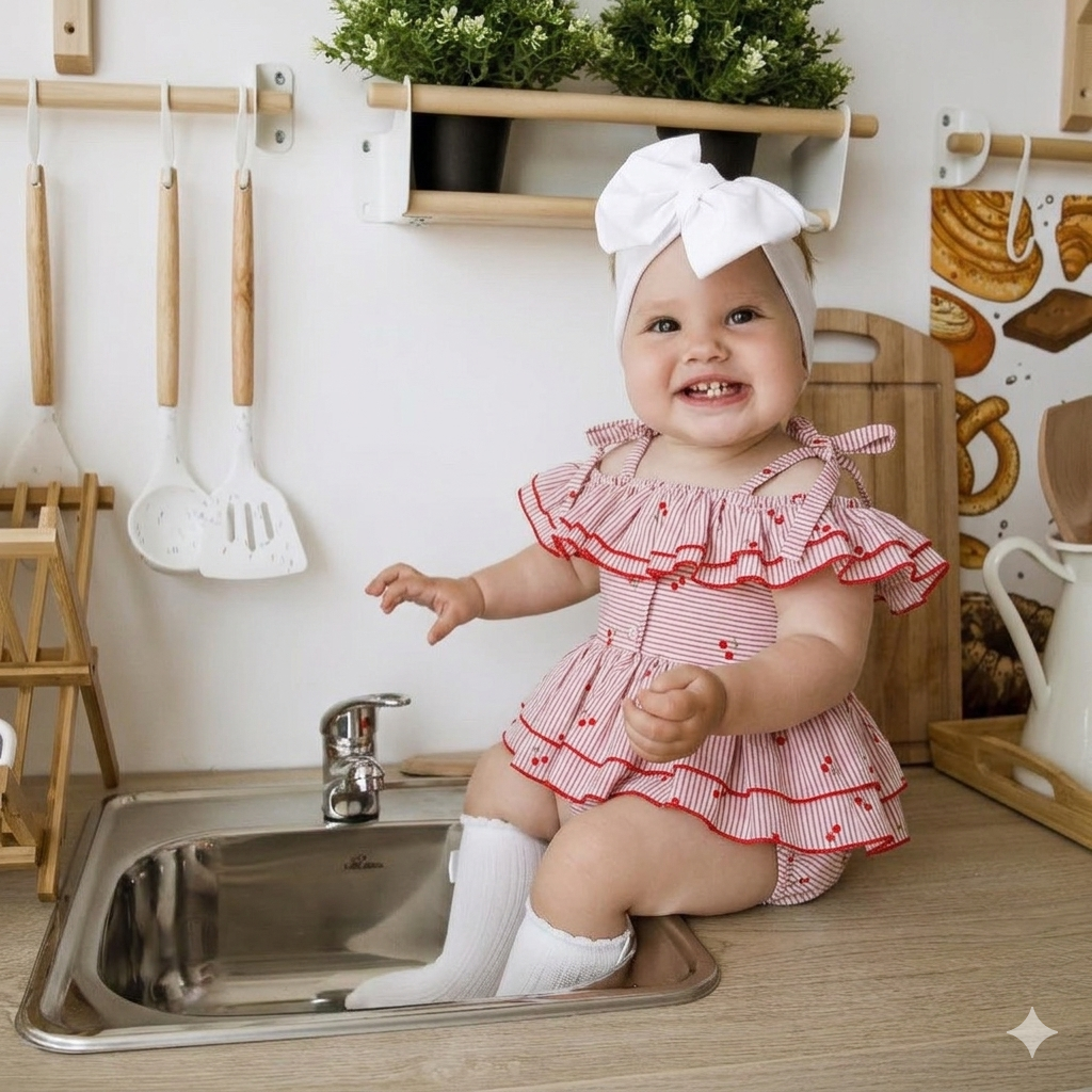 Kiraz Baskılı Kız Bebek Tulum Romper