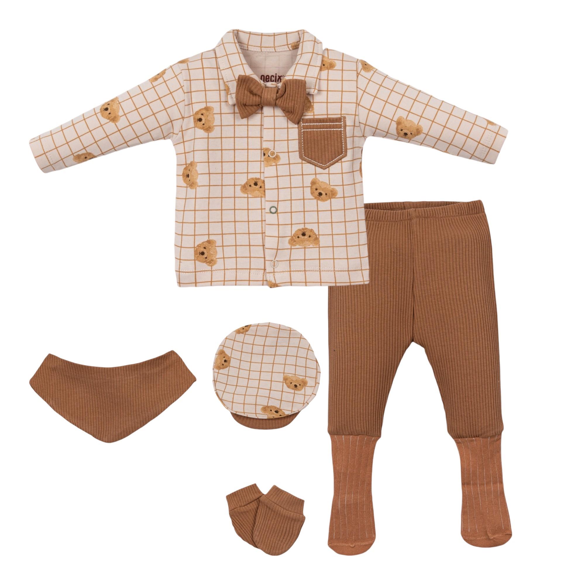 Ayıcık Desenli Erkek Bebek Hastane Çıkışı Beşli Set