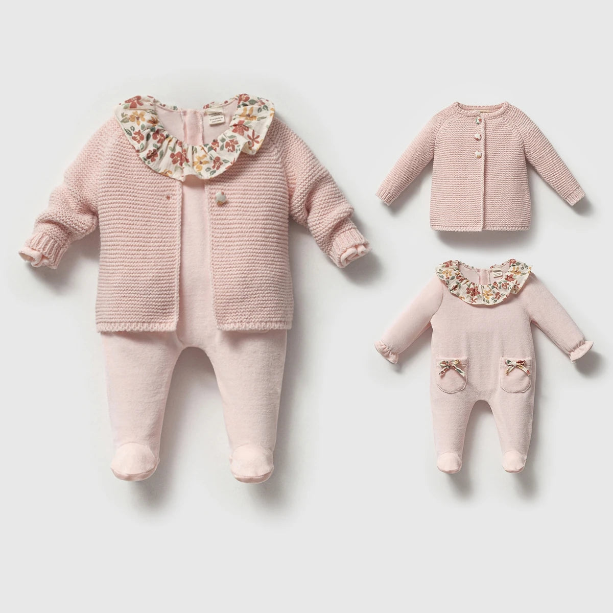 Çiçek Yaka Kadife Kız Bebek Tulum ve Triko Hırka Takım 