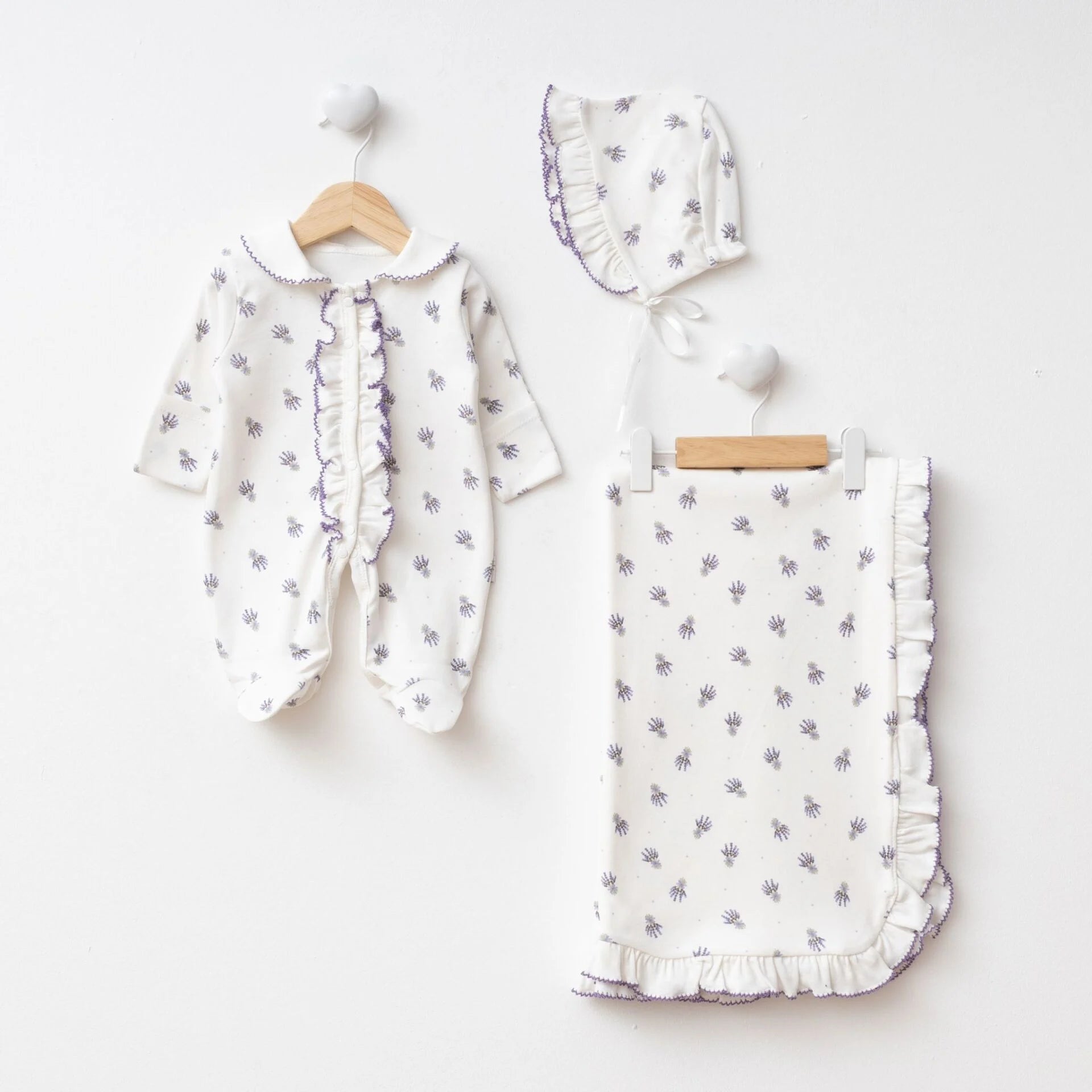 Lavanta Baskılı Battaniyeli Kız Bebek Tulum 3'lü Set Hastane Çıkışı 