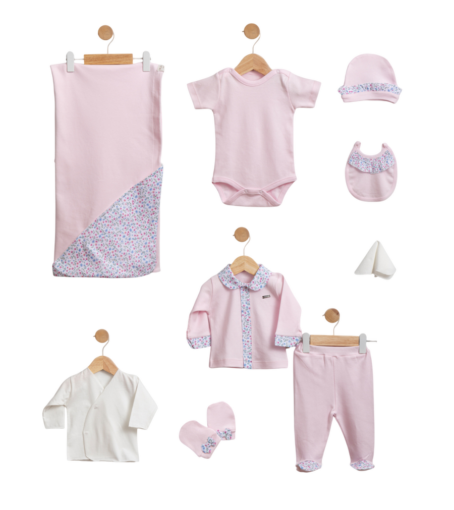 Çiçekli Kız Bebek 10'lu Hastane Çıkışı Zıbın Seti - Pembe
