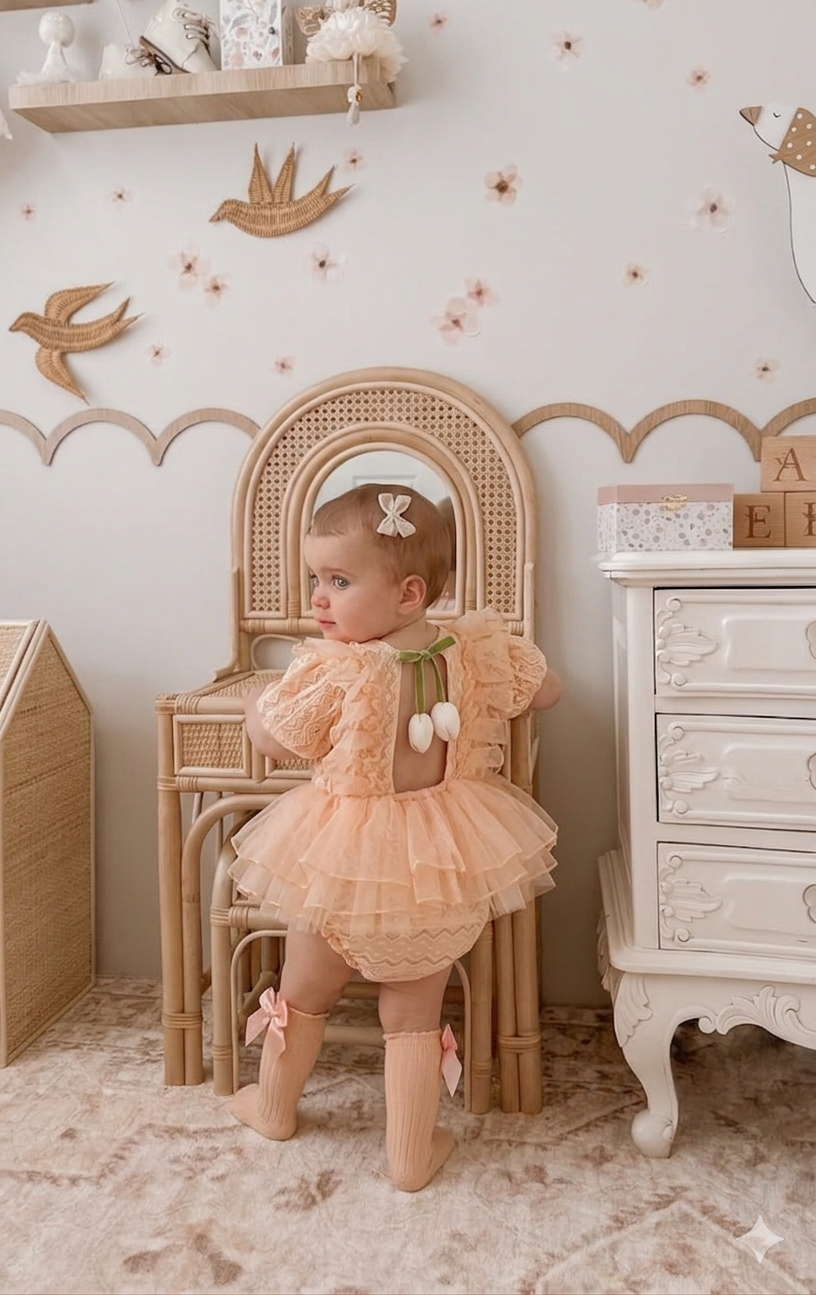 Lale Sırt Detaylı Kız Bebek Özel Gün Romper Elbise