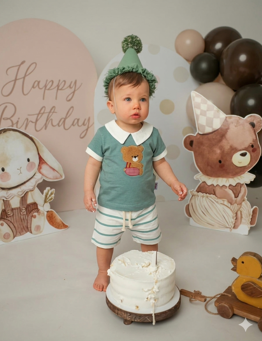 Ayı Nakışlı Erkek Bebek Yazlık Şortlu Takım - Yeşil
